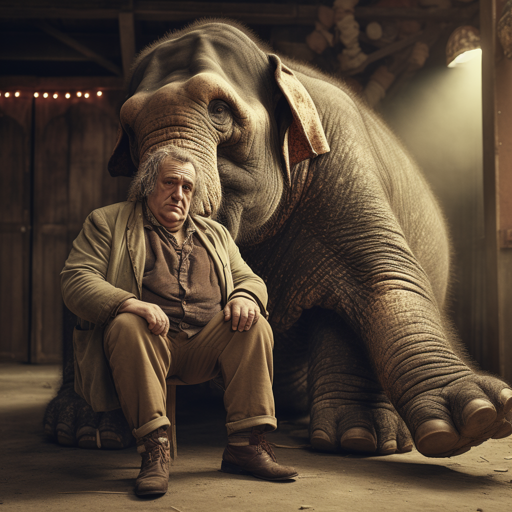 Trotz seiner beachtlichen Leibesfülle wiegt Gérard Depardieu noch lange nicht so viel wie ein ausgewachsener Elefant. Bild generiert mit midjourney.com