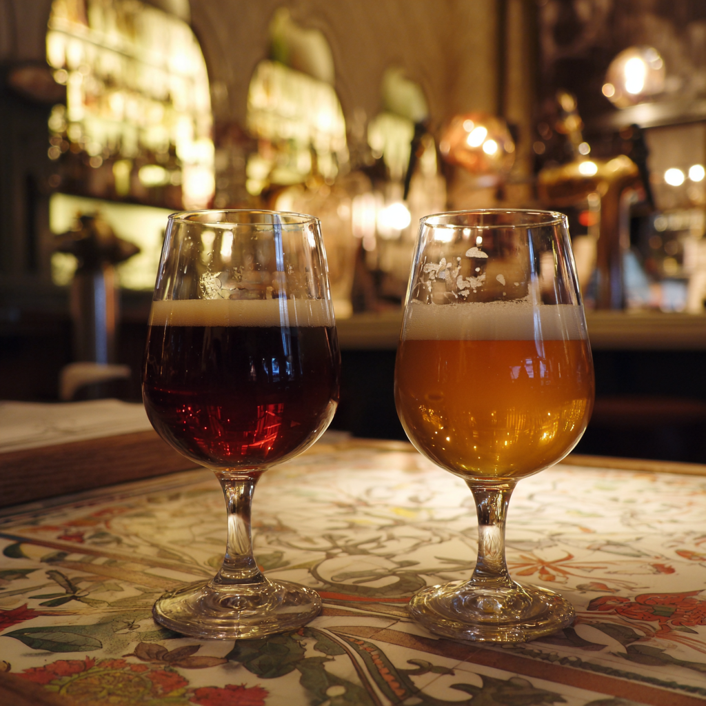 Anders als man vermuten würde, ist das Tripel (rechts) nicht dunkler als das Dubbel (links), sondern strahlt golden im Glas