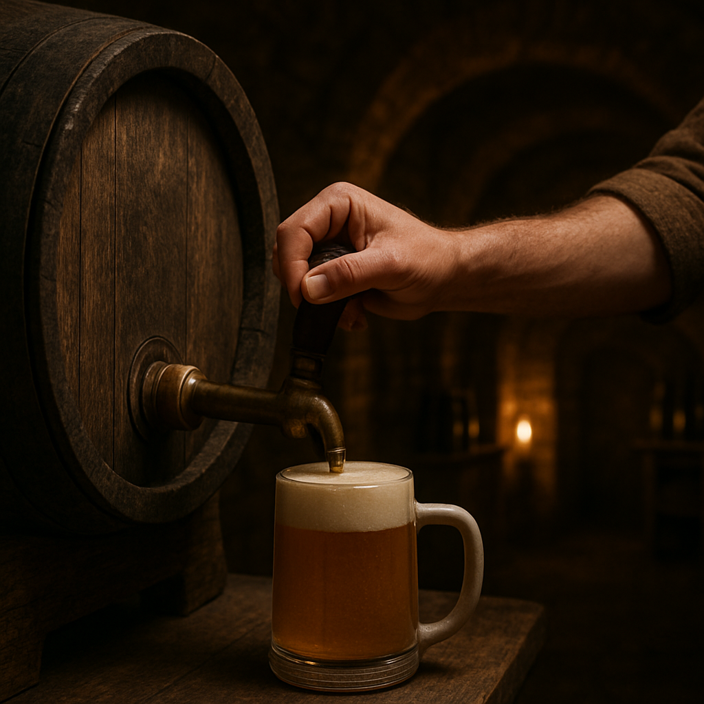 Das Kellerbier schmeckt am besten frisch ab Fass aus dem Gärkeller. Erstellt mit ChatGPT