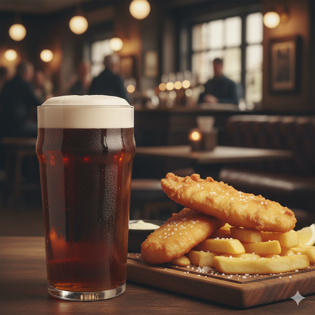 Wer englisches Pub-Food mag, sollte dazu ein Bitter trinken. Erstellt mit Gemini