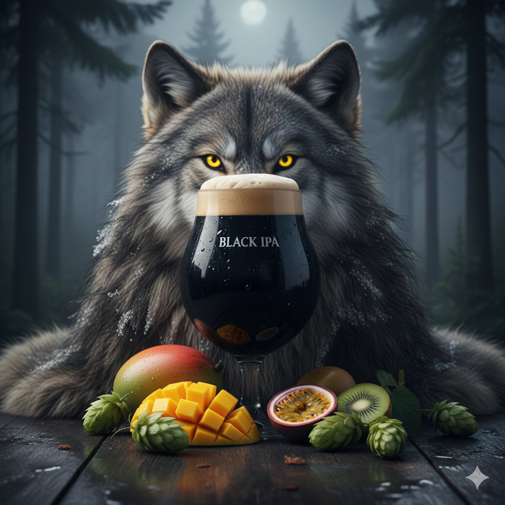 Das Black IPA wirkt wie ein grimmiger, böser Wolf, überrascht aber mit sonnig-fruchtigem Gemüt. Erstellt mit Google Gemini